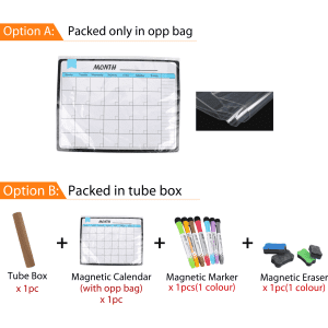 A magnetic calendar planner in a clear sleeve, featuring a monthly layout, with various markers and an eraser.