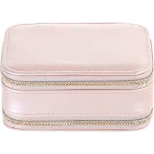 A pink PU leather jewellery case featuring a zip closure and a mirror inside. It has a simple, elegant design.