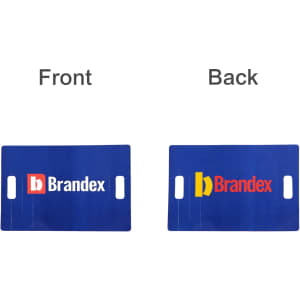 A blue Clap Banner featuring cut-out handles and branding on both sides.