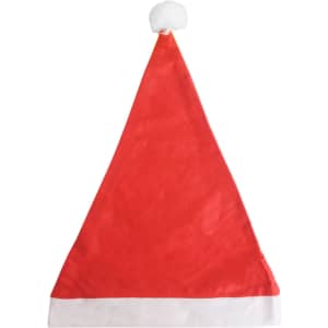 A red Santa hat with a white brim and a pom-pom on top, featuring a logo.