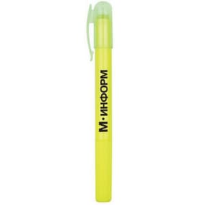 A highlighter crayon in vibrant yellow, featuring a cap and a clip, with a logo on the side.