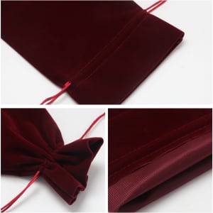A drawstring flannel wine bottle bag in burgundy, featuring a gathered opening and matching drawstring ties.