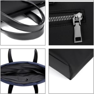 A black nylon briefcase featuring a zip closure, adjustable straps, and multiple inner compartments.