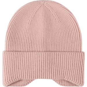 A pink earflap beanie with ribbed texture and a folded cuff. It features a logo on the side.