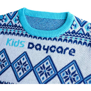 A blue and white unisex winter acrylic cotton jacquard sweater with a decorative pattern and a logo.