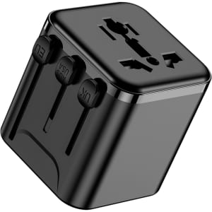 A compact black travel adapter with multiple input options and a logo, designed for international use.
