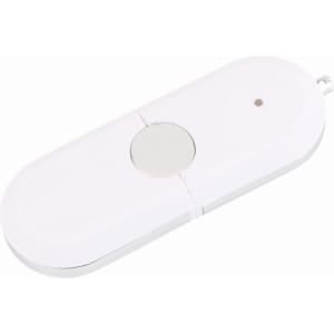 A white Tauris flash drive with a rounded design and a central button, featuring a small indicator light.