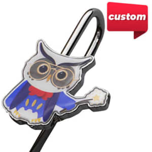 A metal bookmark featuring a colourful owl design with glasses, attached to a silver clip.