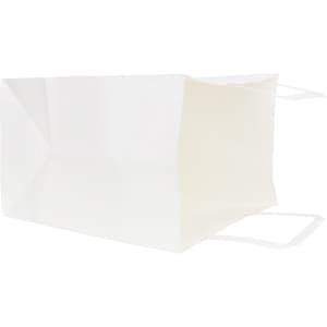 A white flat handle kraft paper bag with two handles, showcasing an open design.