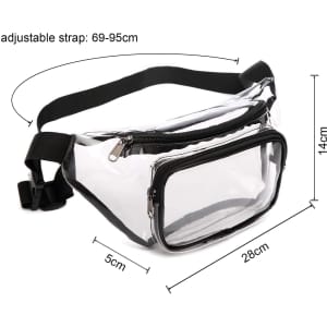 A clear fanny pack with a black zipper and adjustable strap, measuring 28cm by 14cm.
