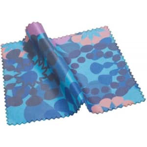 A microfibre lens cloth in shades of blue, featuring a vibrant pattern of circles and floral designs.