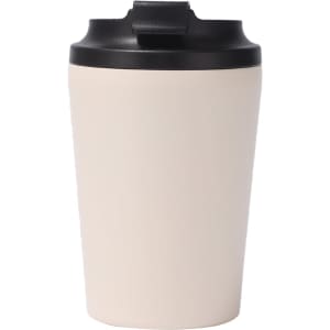 A powder-coated stainless steel coffee mug in cream with a black lid. It features a logo on the surface.