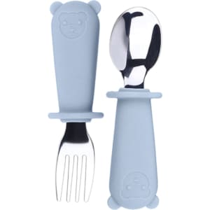 A blue silicone kids cutlery set featuring a fork and spoon with bear-shaped handles, each with a stainless steel utensil.