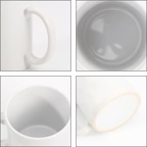 A white heat-sensitive mug with a smooth surface and a handle, viewed from various angles.