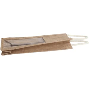 A jute wine carrier in natural beige with a transparent window and two handles, featuring a logo.