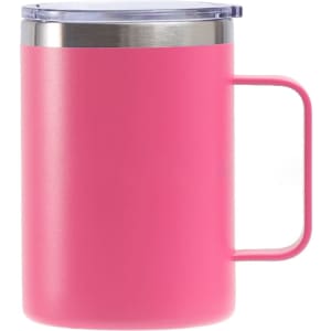 A pink stainless steel cup with a handle and a clear lid, featuring a sleek, modern design.