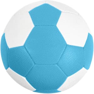 A blue and white machine-stitched PU handball featuring a textured surface and pentagon-shaped panels.