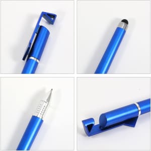 A blue 3-in-1 QR code pen featuring a clip, stylus tip, and silver detailing. Includes a branding logo.