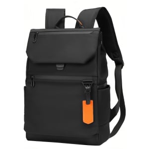A black Flap Laptop Backpack with a front pocket, adjustable straps, and an orange tag. It features a logo.