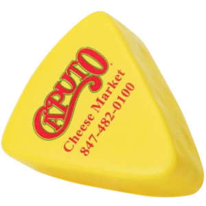 A yellow triangular stress reliever shaped like a wedge of cheese, featuring a logo on its surface.