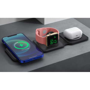 A 3-in-1 foldable MagSafe wireless charger featuring a black base, charging an iPhone, smartwatch, and AirPods.