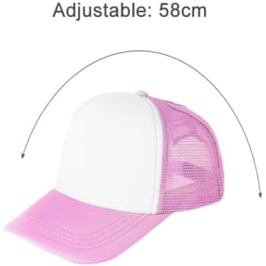 A pink and white trucker cap with a mesh back and an adjustable strap. Features a logo on the front.