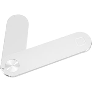 A silver laptop extension arm with a sleek design, featuring rounded ends and a circular base.