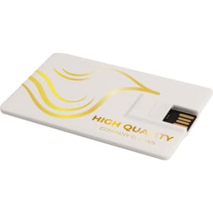A white credit card-type flash drive with a gold design and a USB connector. It features a logo.