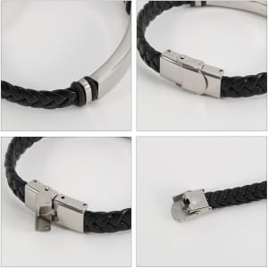 A black leather twine bracelet featuring a silver clasp, displayed from multiple angles.