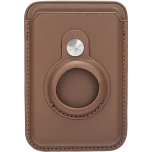 A brown PU magnetic card and Airtag holder with a circular attachment loop and a metallic button.