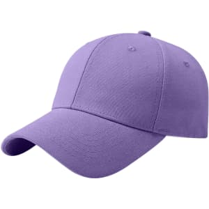 A purple cotton baseball cap with a hard top and a curved brim, featuring a logo on the side.