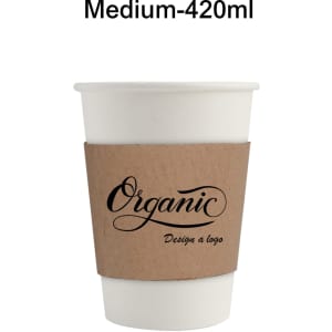 A compostable paper cup in white, featuring a brown cup sleeve and a logo design. Size: Medium-420ml.