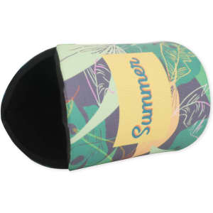 A drink bottle holder in green and yellow with a tropical pattern and a logo. It has a rounded edge design.