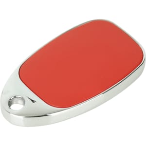 A red sliding epoxy doming flash drive with a silver casing and a hole for attachment.