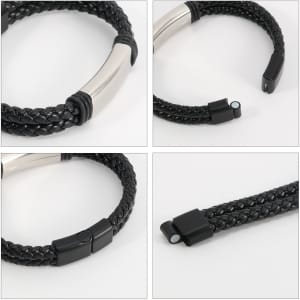 A double-row braided leather bracelet in black featuring a sleek metal clasp and a smooth finish.