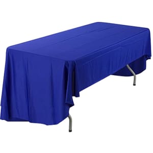 A blue 3-sided throw tablecloth drapes over a rectangular table with metal legs.