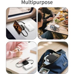 A white 60W 4-in-1 retractable charging cable with phone stand displayed in various settings, featuring a logo.