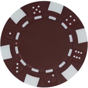 A brown poker chip featuring white accents and various designs around the edge, including dots and squares.