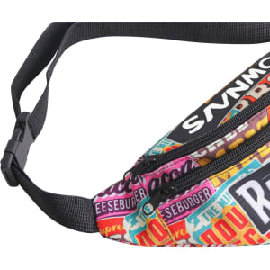 A colourful bum bag with a variety of vibrant patterns and a black strap. Includes zippers for storage.