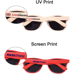 Wheat straw sunglasses in light beige and red, featuring dark lenses and branding on the frames.