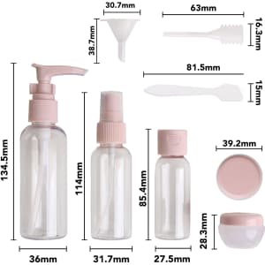 A pink PET cosmetic travel bottle kit, including various transparent bottles and accessories for toiletries.