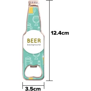 A drink bottle-shaped fridge magnet bottle opener featuring a mint green background with beverage illustrations.