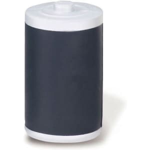 A battery-shaped stress reliever in black and white, with a smooth surface and rounded top.