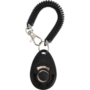 A black pet training clicker with a coiled lanyard and a metal clip. Features a circular button for easy use.