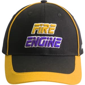 A black cap with a yellow contrast trim and an embroidered logo featuring the words "FIRE" and "ENGINE."