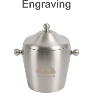 A stainless steel ice bucket with a lid and round handles, featuring a logo on the front.