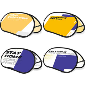 Four bean-shaped pop-up banners featuring a mix of yellow, blue, and white colours and various designs. Each banner has a logo.