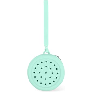 A round mint green silicone pouch with holes and a strap, featuring a zip closure and a logo.