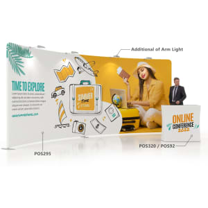 C-shaped fabric display wall with a tropical design, featuring a speaker, a model, and an additional arm light.