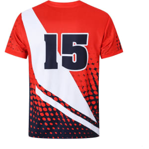 A red and white sublimated football jersey featuring a large number 15. The jersey has a textured design and includes a logo.